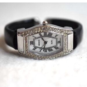 Mother Of Pearl Face Rhinestones Accent Geneva Elite Black 5" Cuff Watch